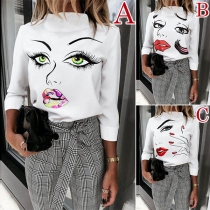 Cute Cartoon Figure Printed Long Sleeve Stand Collar Top