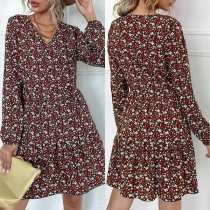 Fresh Style Long Sleeve V-neck High Waist Printed Dress