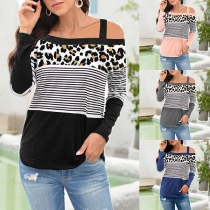 Sexy Off-shoulder Long Sleeve Leopard Spliced T-shirt