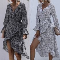 Sexy V-neck Long Sleeve Irregular Hem Printed Dress