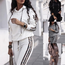 Fashion Striped Spliced Long Sleeve Hooded Sweatshirt + Pants Two-piece Set