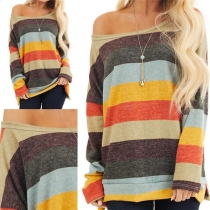 Fashion Long Sleeve Round Neck Slit Hem Colorful Striped T-shirt