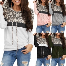 Fashion Leopard Spliced Long Sleeve Hooded Sweatshirt