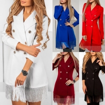 OL Style Long Sleeve Double-breasted Tassel Hem Suit Dress