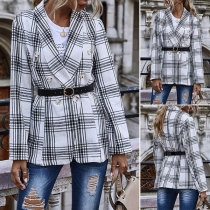 OL Style Long Sleeve Double-breasted Plaid Blazer Coat