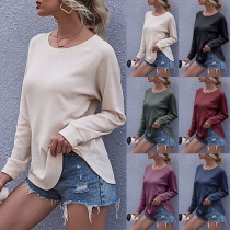 Fashion Solid Color Long Sleeve Round Neck Acr HemT-shirt