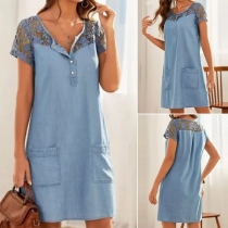 Fashion Lace Spliced Short Sleeve Round Neck Front-pocket Denim Dress