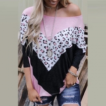 Fashion Leopard Spliced Long Sleeve Round Neck Contrast Color T-shirt