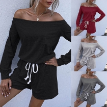 Sexy Off-shoulder Boat Neck Long Sleeve Solid Color Romper