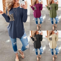 Fashion Leopard Spliced Pocket Long Sleeve Round Neck Loose T-shirt