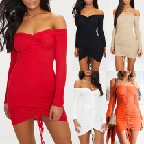 Sexy Off-shoulder Boat Neck Long Sleeve Drawstring Tight Dress