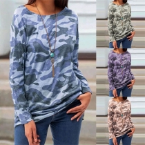 Fashion Camouflage Printed Long Sleeve Round Neck T-shirt