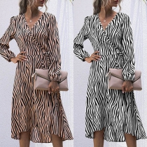 Sexy V-neck Long Sleeve Striped Dress