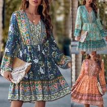 Fashion Lantern Sleeve V-neck Printed Dress