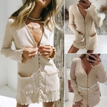 Fashion Solid Color Long Sleeve V-neck Front-pocket Cardigan