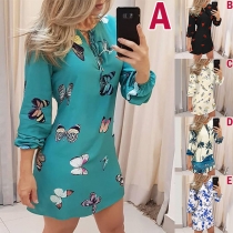 Fashion Long Sleeve Lace-up V-neck Printed Dress