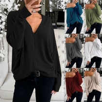 Mode Enfärgad Långärmad V-ringad lös T-shirt