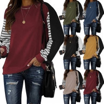 Fashion Contrast Color Striped Spliced Long Sleeve Round Neck T-shirt