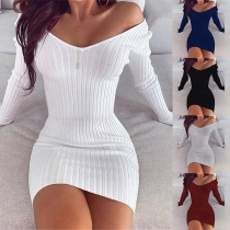Sexig enfärgad V-ringad långärmad Slim Fit-klänning
