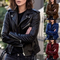 Fashion Solid Color Lapel Oblique Zipper Slim Fit PU Leather Coat