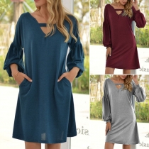 Fashion Solid Color Lantern Sleeve V-neck Dress