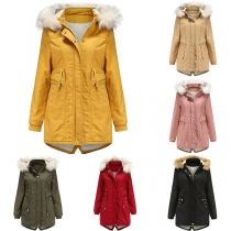 Fashion Solid Color Faux Fur Spliced Hooded Plush Lining Padded Coat