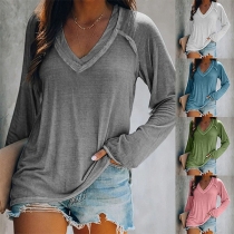 Fashion Solid Color Long Sleeve V-neck Loose T-shirt