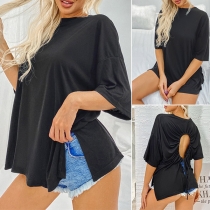 Sexy Backless Half Sleeve Round Neck Slit Hem T-shirt