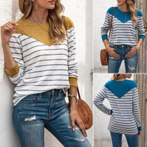 Fashion Contrast Color Long Sleeve Round Neck Striped T-shirt