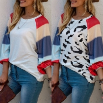 Fashion Contrast Color Lantern Sleeve Round Neck Printed T-shirt