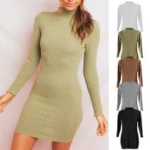 Fashion Solid Color Mock Neck Long Sleeve Slim Fit Knit Dress