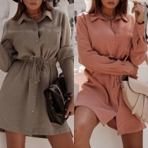 Fashion Solid Color Long Sleeve POLO Collar Shirt Dress
