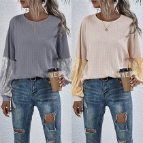 Fashion Lace Spliced Lantern Sleeve Round Neck T-shirt