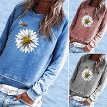 Fashion Daisy Printed Long Sleeve Round Neck Sweatshirt