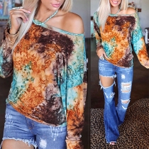 Fashion Long Sleeve Round Neck Tie-dye Printed T-shirt
