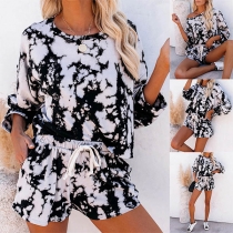 Fashion Long Sleeve Round Neck Printed T-shirt + Shorts Two-piece Set