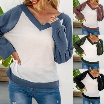 Fashion Contrast Color Long Sleeve V-neck Knit Top