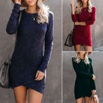 Sexy Solid Color Round Neck Irregular Hem Long Sleeve Slim Fit Dress