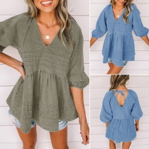 Fashion Solid Color V-Neck Backless 3/4 Sleeve Denim Top