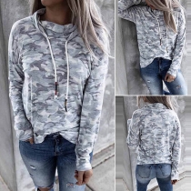 Casual Camouflage Printed Cowl Neck Long Sleeve Sweatshirt
