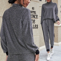 Fashion Contrast Color Long Sleeve Mock Neck Top + Pants Two-piece Set