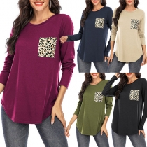 Fashion Leopard Spliced Long Sleeve Round Neck T-shirt