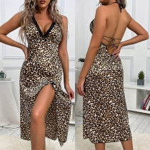 Sexig rygglös V-ringad slits Spetsdetaljerad leopardmönstrad klänning