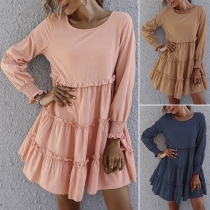 Fashion Solid Color Long Sleeve Round Neck Cake Dress