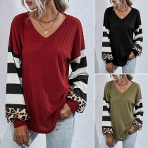 Fashion Striped Spliced Long Sleeve V-neck T-shirt