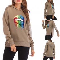 Fashion Colorful Lip Printed Long Sleeve Hooded Sweatshirt