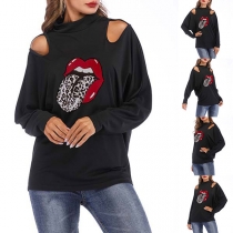Sexy Off-shoulder Long Sleeve Mock Neck Lip Printed Top