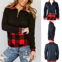 Fashion Plaid Spliced Long Sleeve Stand Collar Sweatshirt