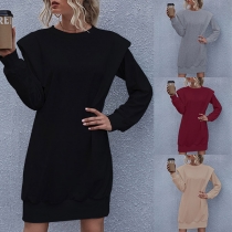 Solid Color Round Neck Shoulder Pad Long Sleeve Dress