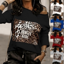 Fashion Leopard Spliced Inclined Shoulder Long Sleeve Sweatshirt